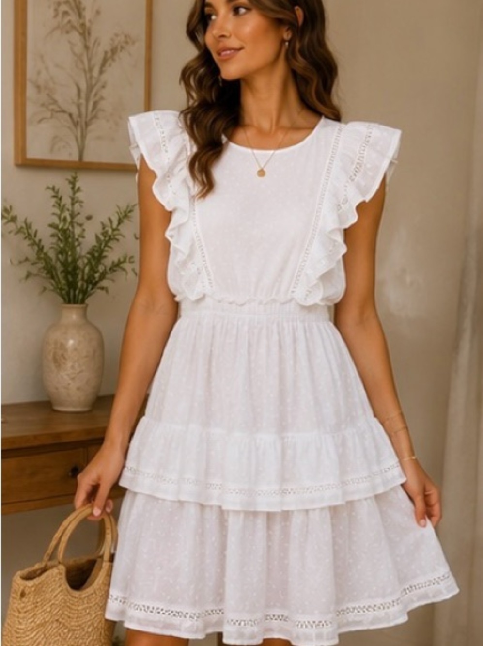 BB Dakota 100% Cotton White Swiss Dot Tiered Ruffle Mini Dress L NWOT